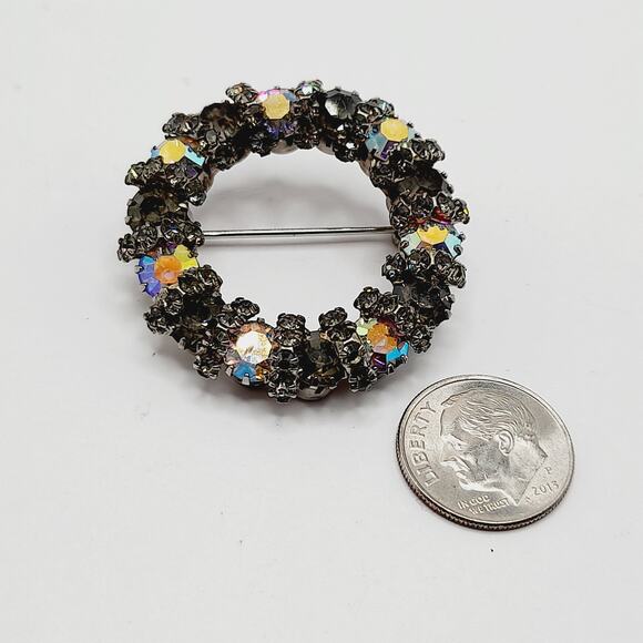 Vintage AB Rhinestone Circle Brooch Silver Tone Aurora Borealis Crystals – 1.5” - Picture 8 of 9